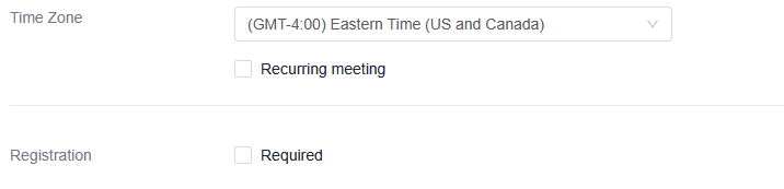 We recommend that you set up a recurring meeting so you do not have to reconfigure this every week. To do so, check the “Recurring meeting” box under the Time Zone: