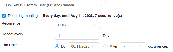This will expand the space to allow you to set the dates and frequency the meeting will recur: