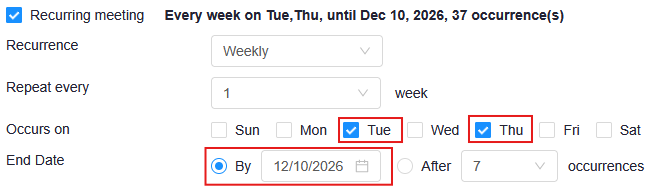 You can then set the first box to ‘Daily’ to weekly and specify which days your class will occur. You can also set when the course will stop recurring by its end date or by an amount of occurrences. The following image for example assumes the class is taught on Tues.