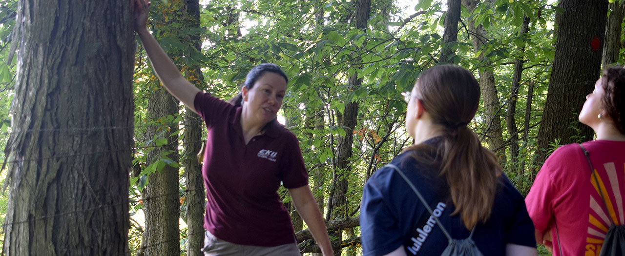 Professor Kelly Watson, touching a tree in the Taylor Fork Ecology Area, explains tree identification to two students.
